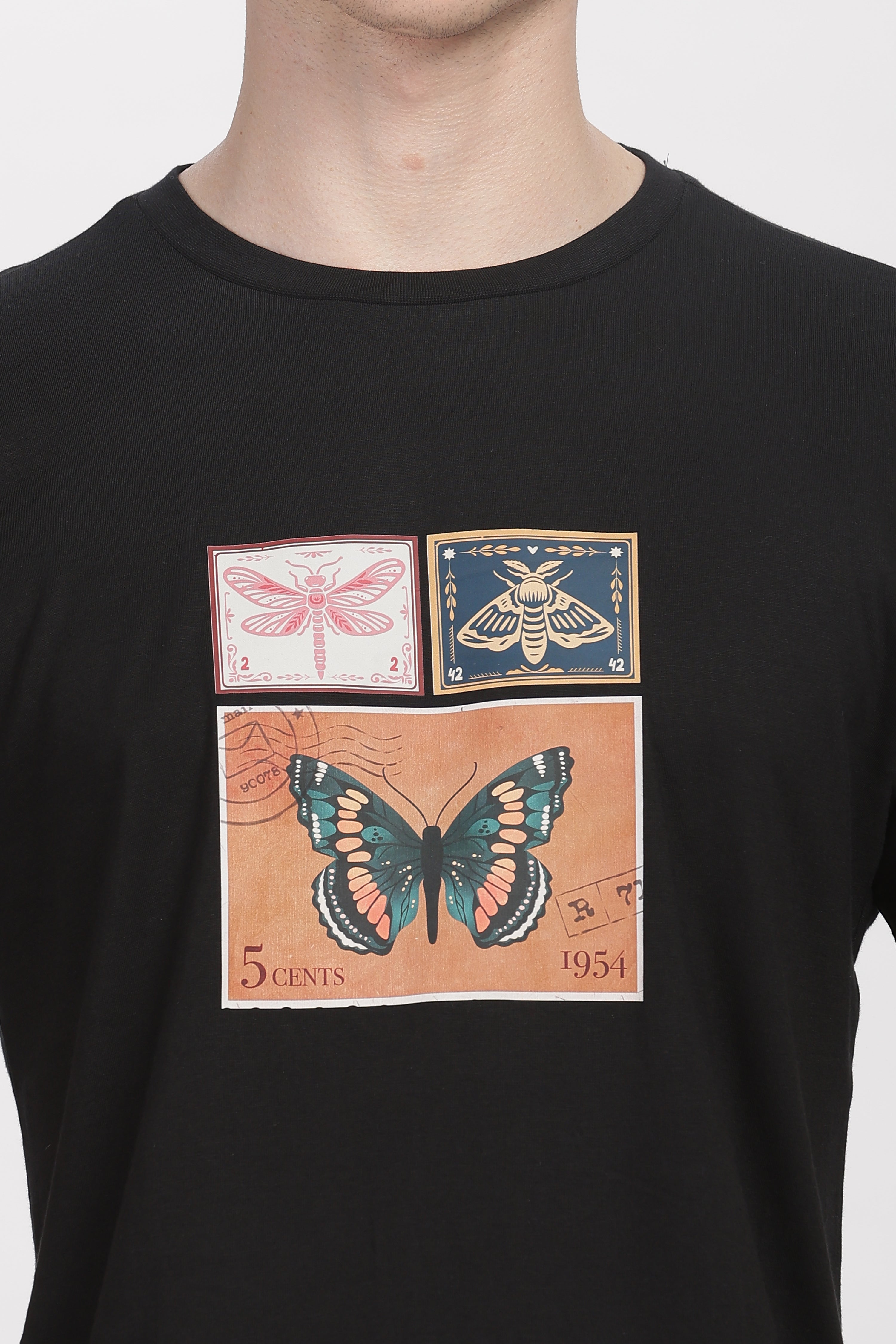 Butterfly Vintage Stamp Supima Regular Fit Black T-Shirt