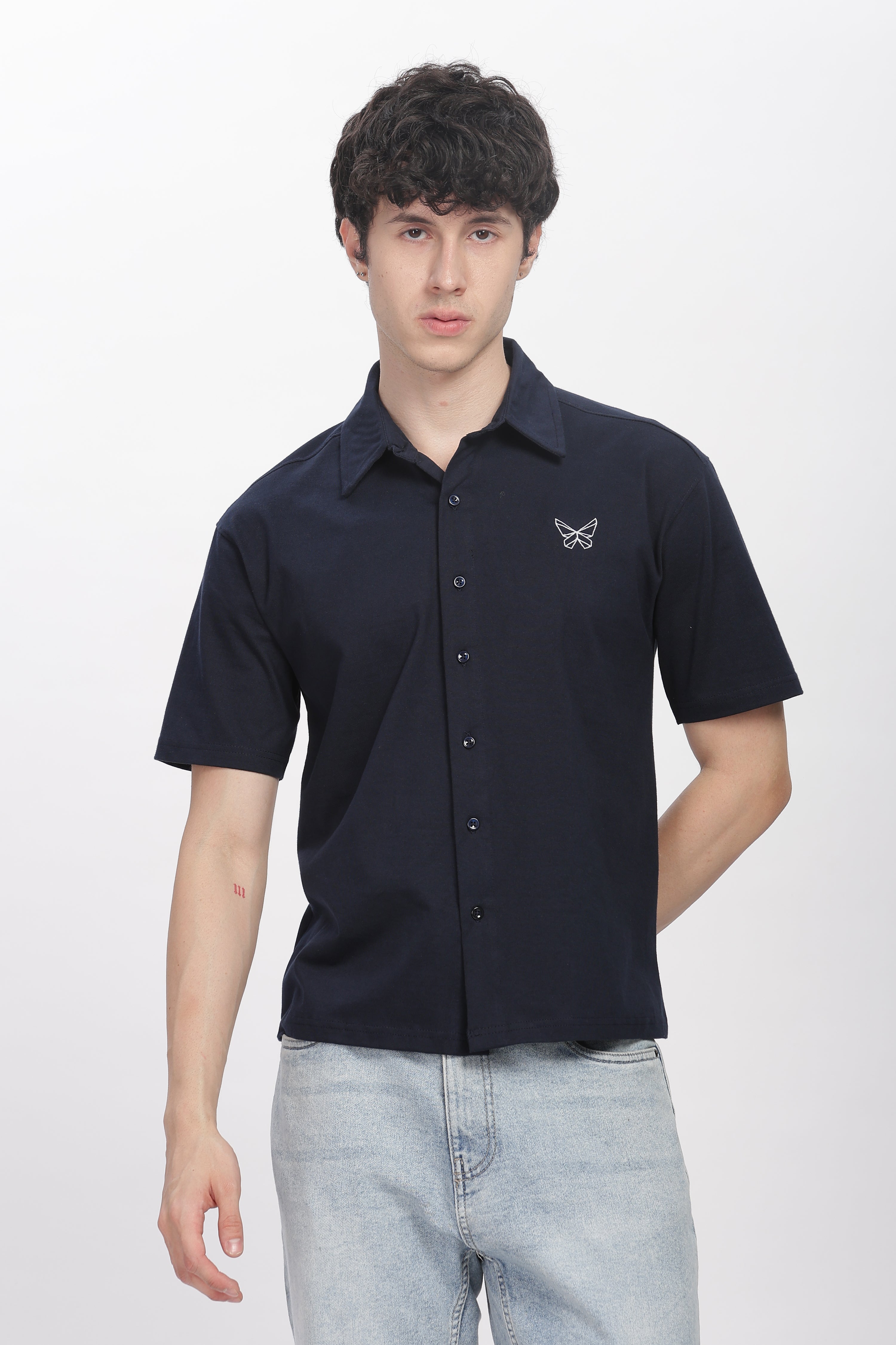 Embroidered Oversized Navy Blue Shirt